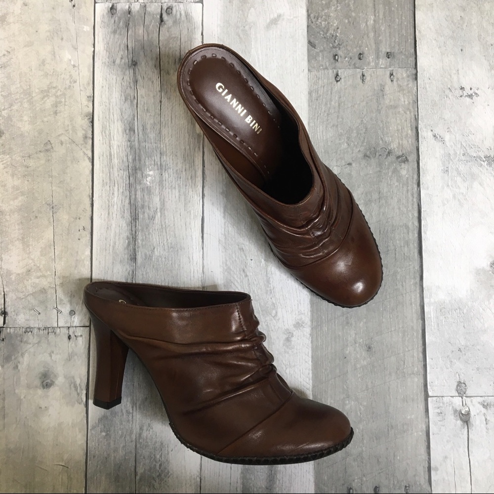 Gianni Bini Brown Leather Chunky Heel Mule Bootie